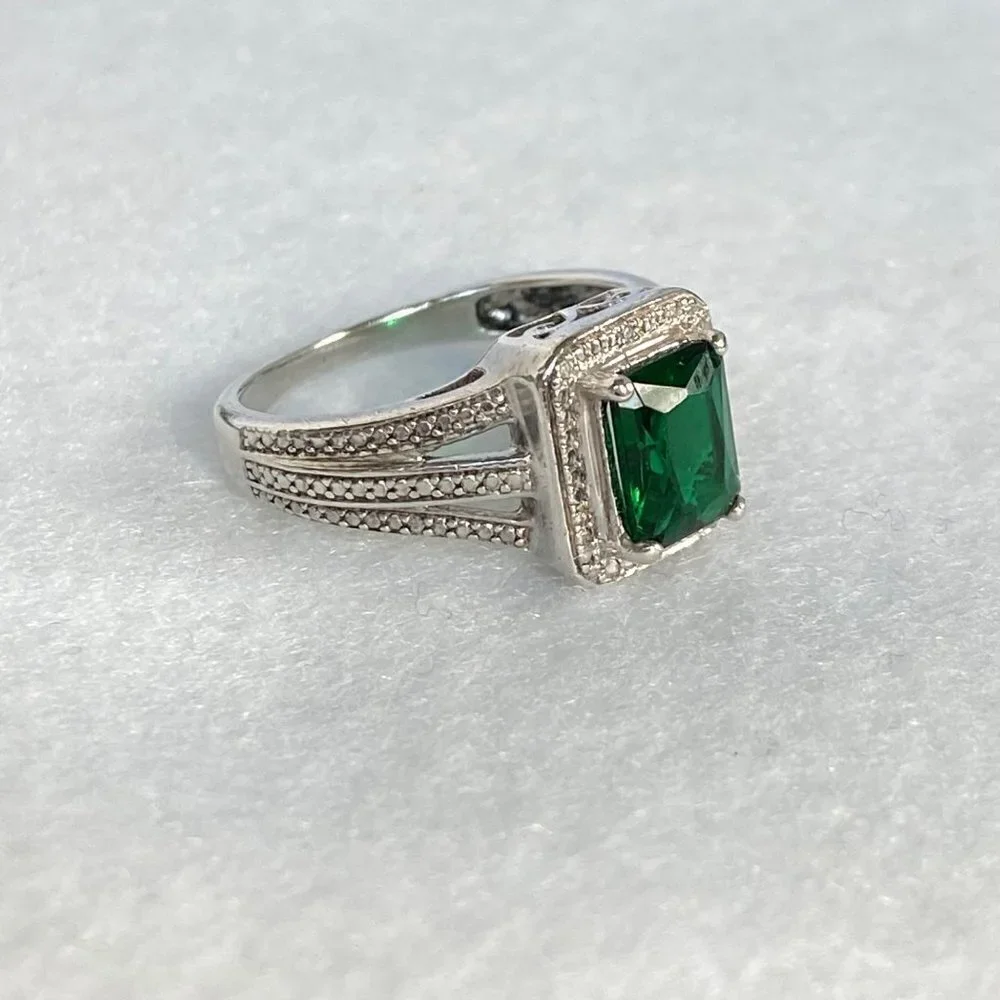 Sterling Silver 925 Rectangular Prong Set Green Emerald Glass Ring Sz 6.75 - Picture 8 of 16